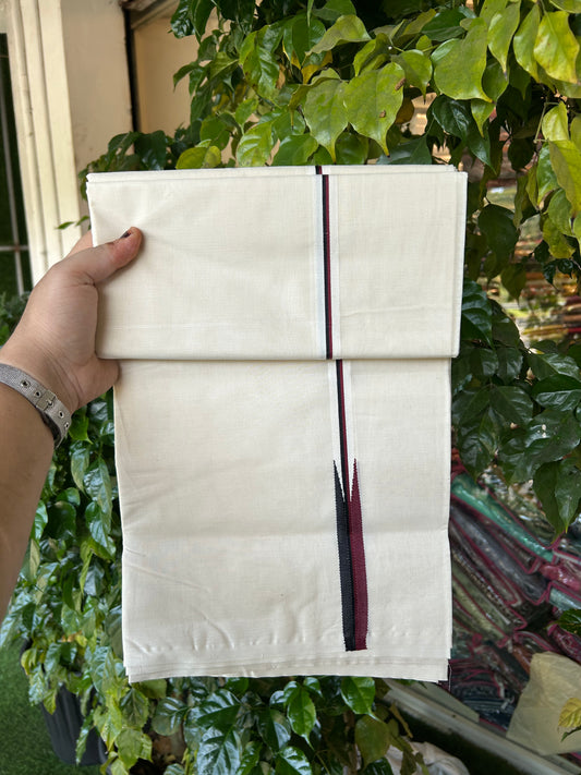 Dmk Veshti - 20% Discount! KaithariKada 100% Cotton Off White Double - (Unbleached) Mundu/Dhoti - 100X100 - 0.75 inch Puliyilakkara Black & Maroon Chutty kara - 11 KK5338 ASH