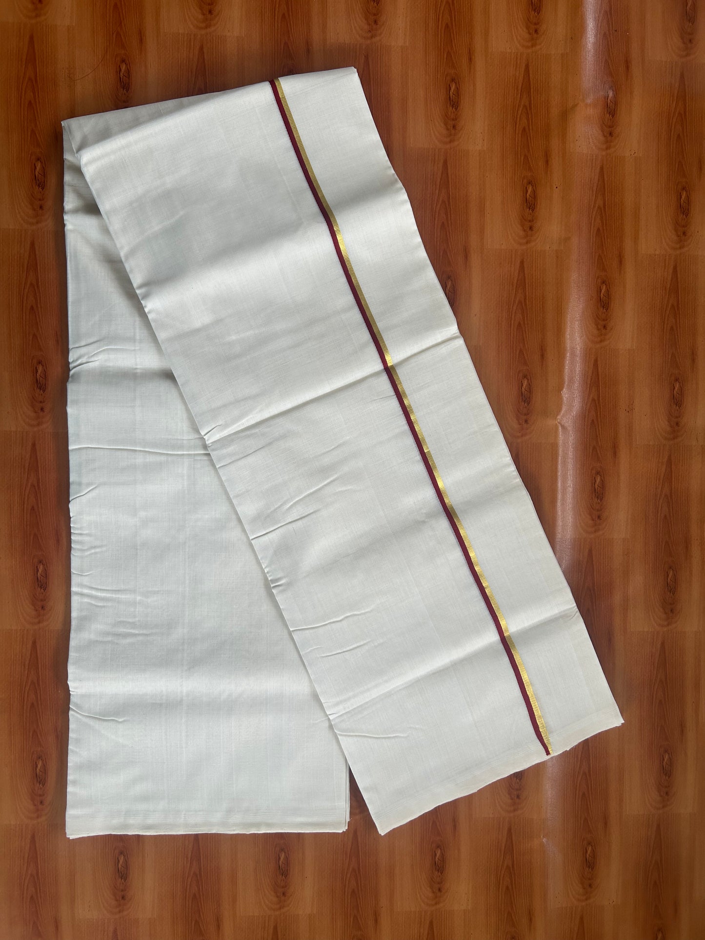 25% Discount ! KaithariKada Handloom Unakkupaav - Kerala Handloom - 100% Pure Cotton Off White Unbleached) Double Mundu/Dhoti - 100x80 - 1 cm Gold Kasav & Maroon Kara 4 mtr (8.5 Muzham) - 71 KK5380 SOM