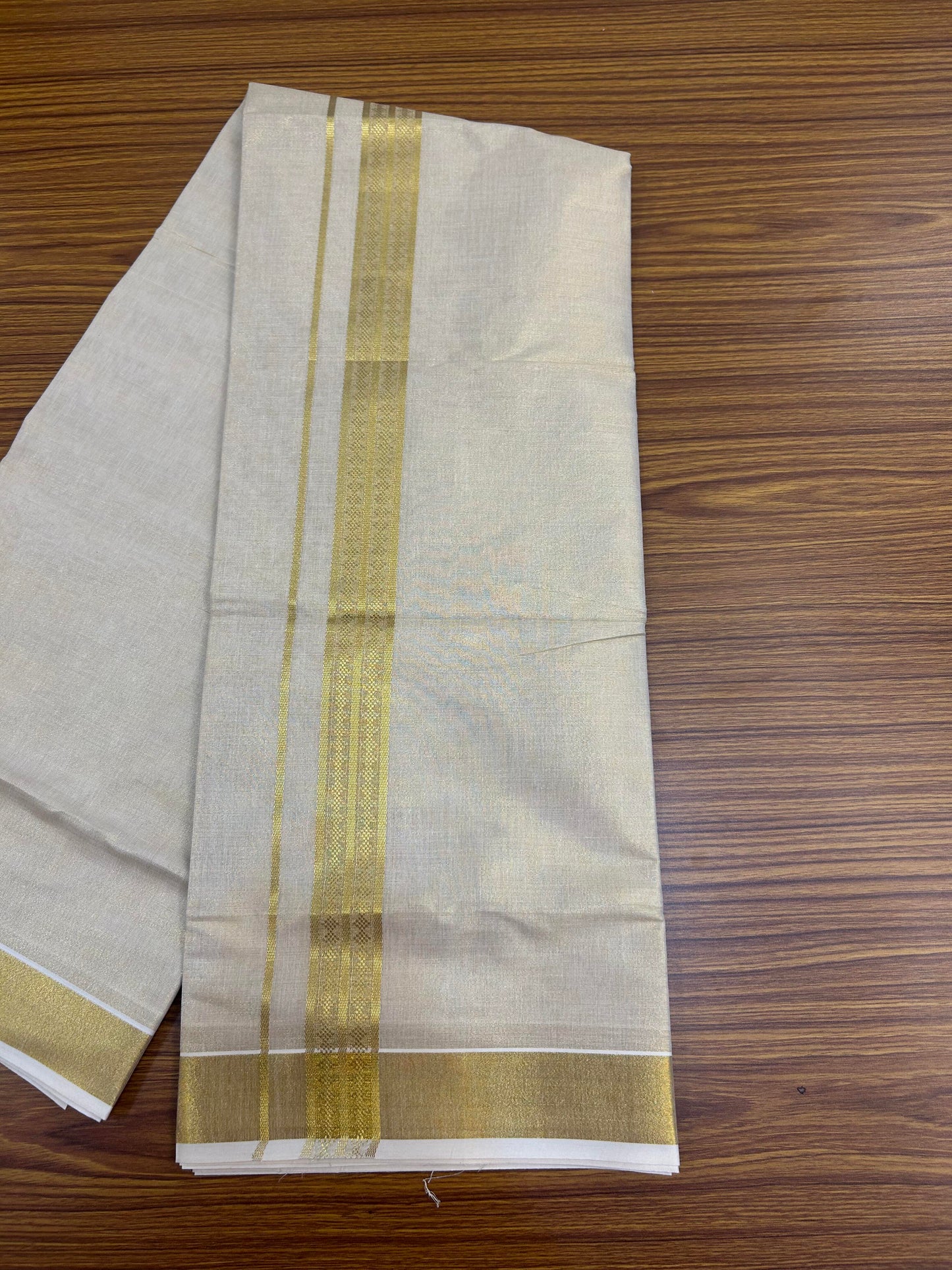 20% Discount! Kaitharikada Balaramapuram Mixed Cotton - Gold Kasav Tissue Material Double Dhoti/Mund - (60s) - 1.5 inch Gold Kasav Design kara 4 mtr (8.5 muzham) - 27 KK5362 GAN