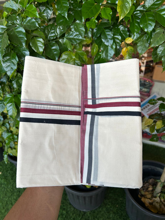 Admk Veshti- 20% Discount ! KaithariKada 100% Cotton off white Double - (Unbleached) Mundu/Dhoti - 100X100 - 1 inch Black White & Maroon kara - 9 KK5338 ASH