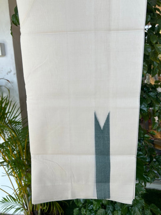 25% DISCOUNT ! KaithariKada HANDLOOM Unakkupaav Balaramapuram - 100% PURE Cotton Off White - (Unbleached) Double Mundu/Dhoti - 100x100 - 1.25 Inch Green Chutty - 12KK5176ABH