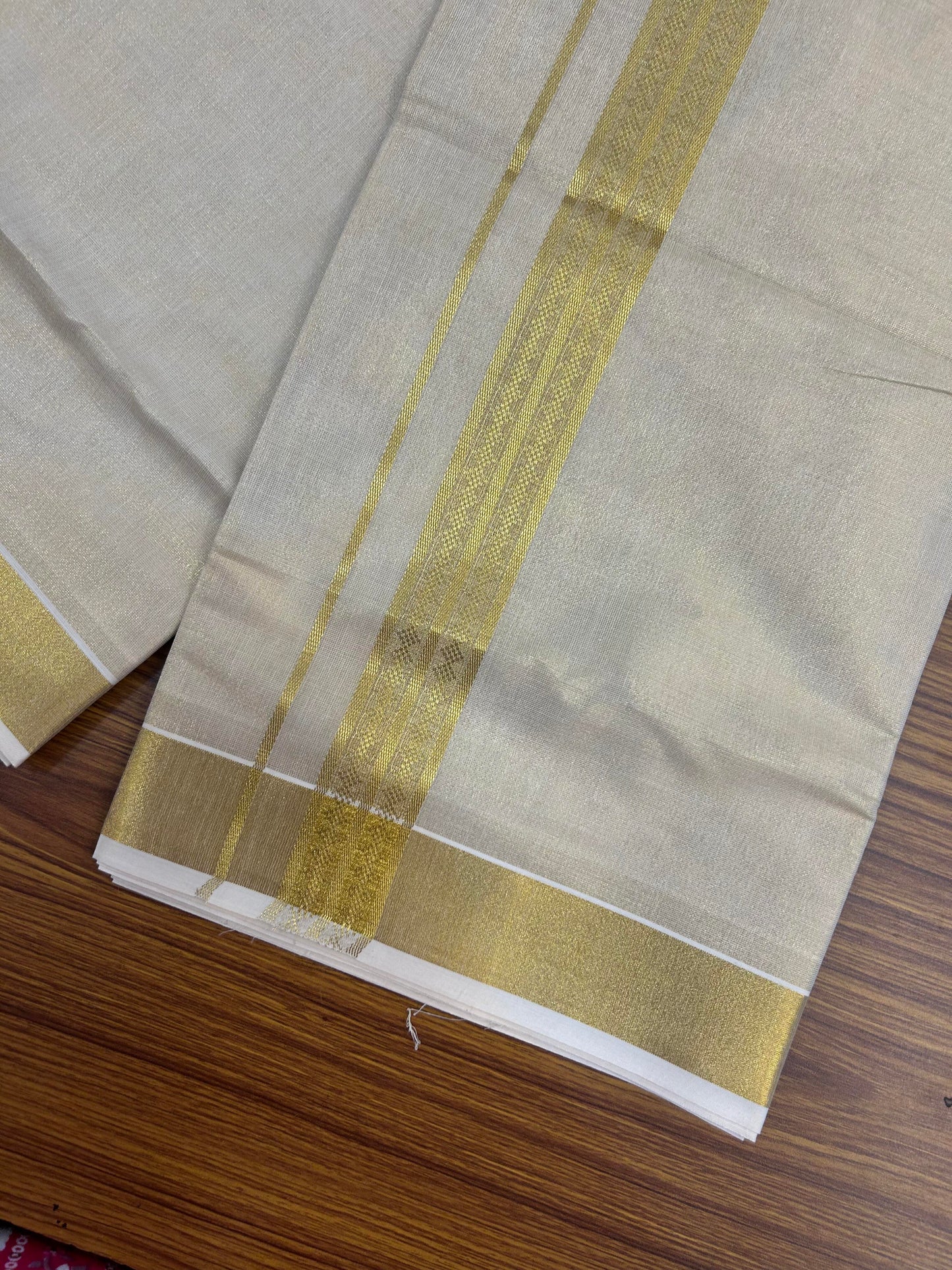 20% Discount! Kaitharikada Balaramapuram Mixed Cotton - Gold Kasav Tissue Material Double Dhoti/Mund - (60s) - 1.5 inch Gold Kasav Design kara 4 mtr (8.5 muzham) - 27 KK5362 GAN