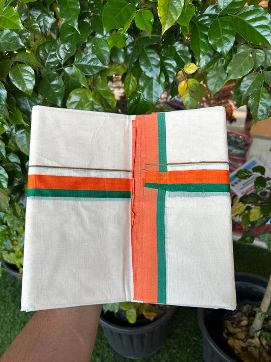 Bjp Veshti - 20% Discount! KaithariKada 100% Cotton off white Double - (Unbleached) Mundu/Dhoti - 100X80 - 1 inch Orange & Green Kara - 3.80 mtr (8 muzham) - 12 KK5338 ASH