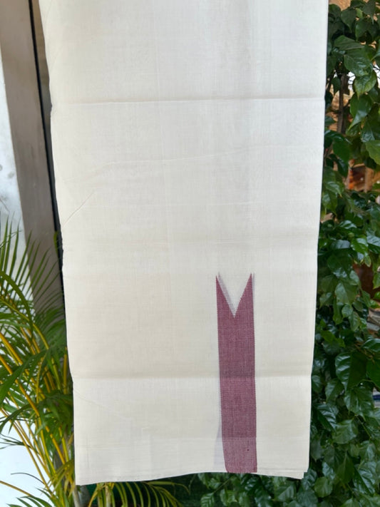 25% DISCOUNT ! KaithariKada HANDLOOM Unakkupaav Balaramapuram - 100% PURE Cotton Off White - (Unbleached) Double Mundu/Dhoti - 100x100 - 1.25 Inch Dark Maroon Chutty - 13KK5176ABH