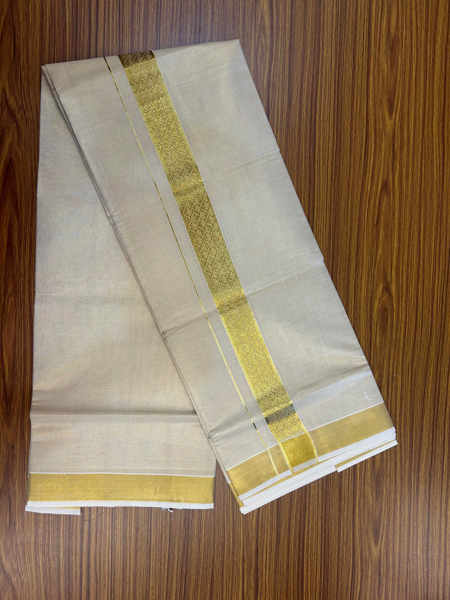 20% Discount! Kaitharikada Balaramapuram Mixed Cotton - Gold Kasav Tissue Material Double Dhoti/Mund - (60s) - 1.75 inch Gold Kasav Design kara 4 mtr (8.5 muzham) - 28 KK5362 GAN