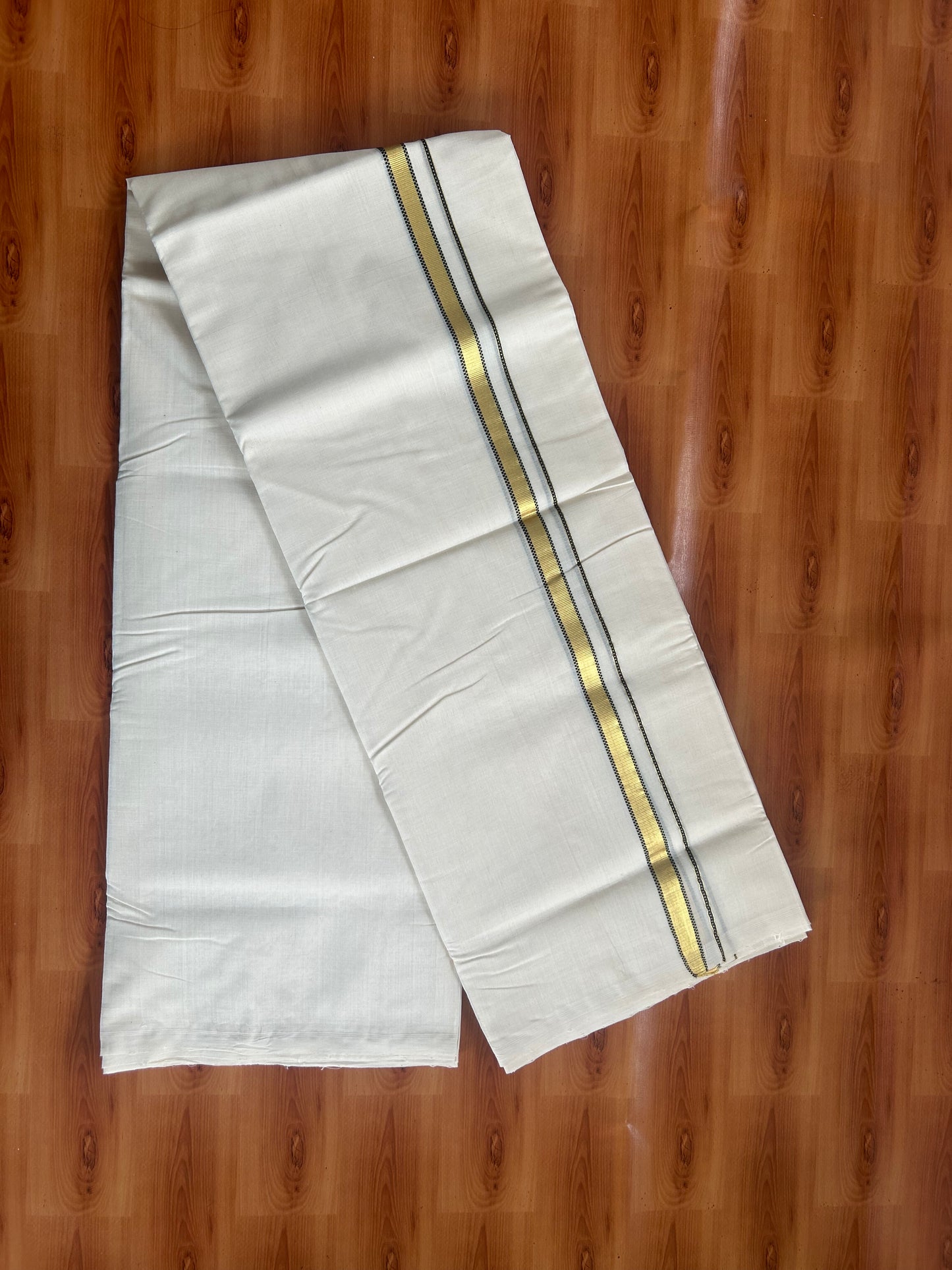 25% Discount ! KaithariKada Handloom Unakkupaav - Kerala Handloom - 100% Pure Cotton Off White Unbleached) Double Mundu/Dhoti - 100x80 - 0.5 Inch Gold Kasav & Black Muthukuri Kara 4 mtr (8.5 Muzham) - 82 KK5380 SOM