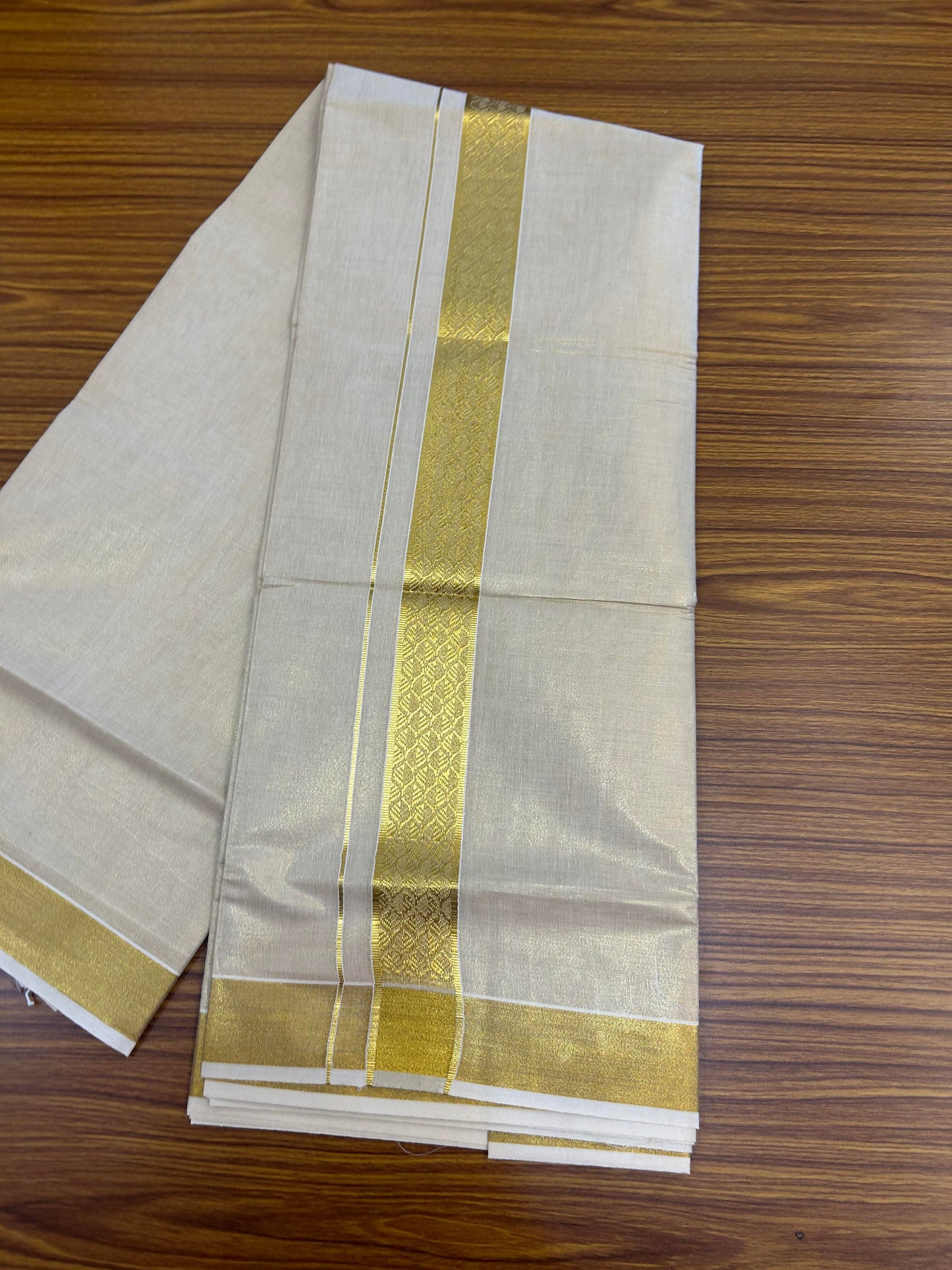 20% Discount! Kaitharikada Balaramapuram Mixed Cotton - Gold Kasav Tissue Material Double Dhoti/Mund - (60s) - 1.75 inch Gold Kasav Design kara 4 mtr (8.5 muzham) - 28 KK5362 GAN