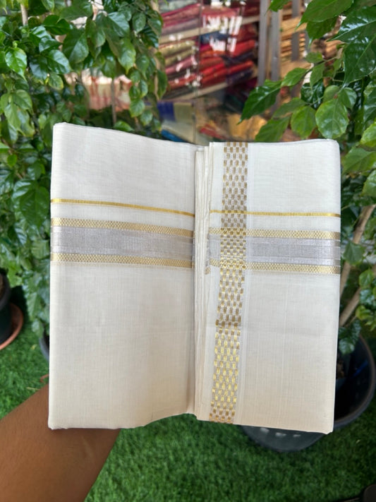 25% DISCOUNT ! KaithariKada HANDLOOM Unakkupaav Balaramapuram - 100% PURE Cotton Off White - (Unbleached) Double Mundu/Dhoti - 100x100 - 3.5 cm Silver & Gold Kasavu Designer Kara - 5KK5176ABH