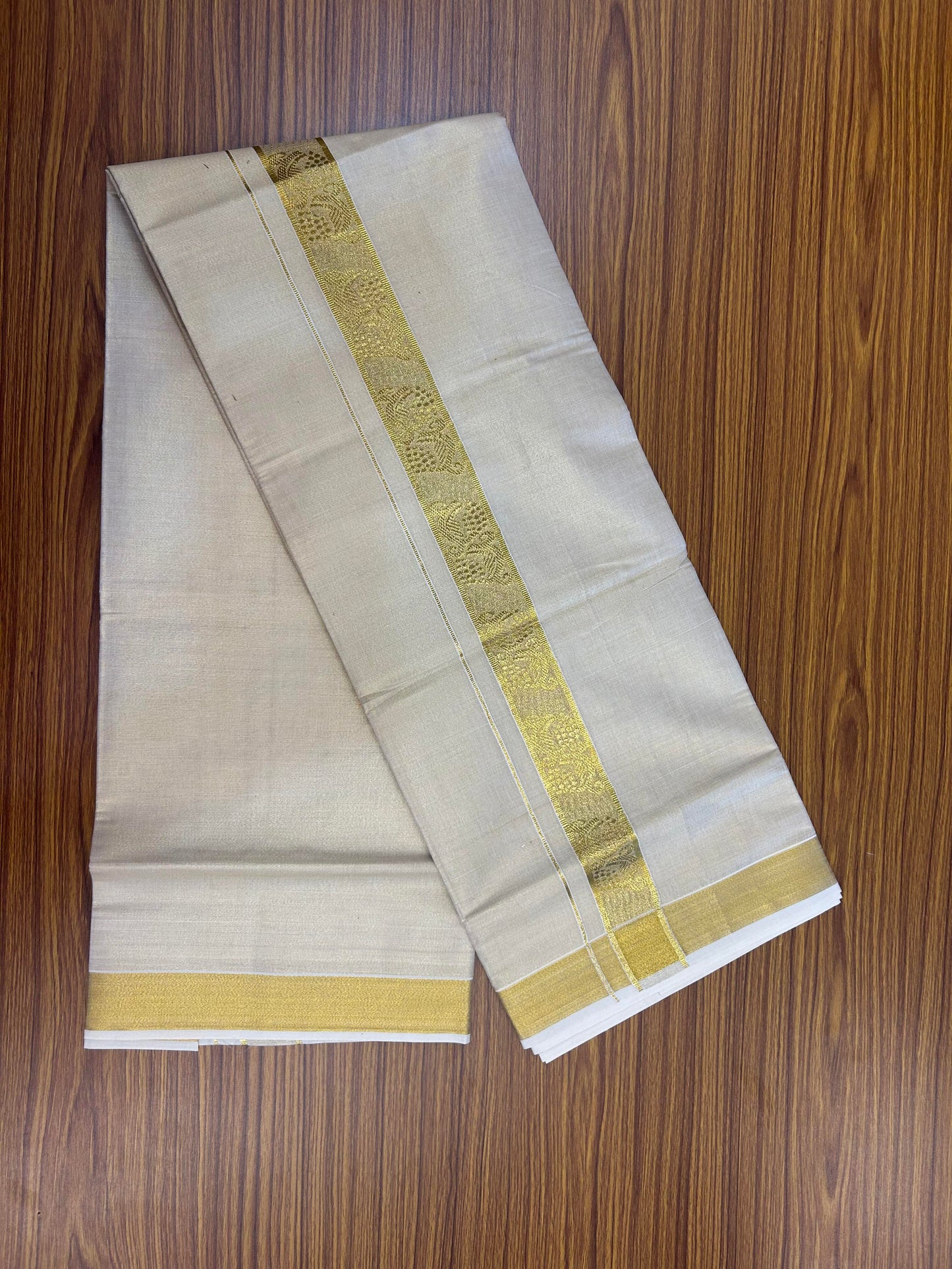 20% Discount! Kaitharikada Balaramapuram Mixed Cotton - Gold Kasav Tissue Material Double Dhoti/Mund - (60s) - 1.75 inch Gold Kasav Design kara 4 mtr (8.5 muzham) - 29 KK5362 GAN