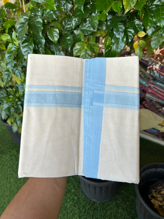 20% Discount !! KaithariKada Balaramapuram 100% Cotton Double Off White - (Unbleached) Mundu/Dhoti-100X100 - 1.25 inch Light Blue Striped Kara (4.50 meter / 9.64 muzham) - 4 KK5338 ASH