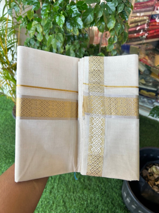 25% DISCOUNT ! KaithariKada HANDLOOM Unakkupaav Balaramapuram - 100% PURE Cotton Off White - (Unbleached) Double Mundu/Dhoti - 100x100 - 1.75 inch Silver & Gold Kasavu Jacquard Designer Kara - 4KK5176ABH