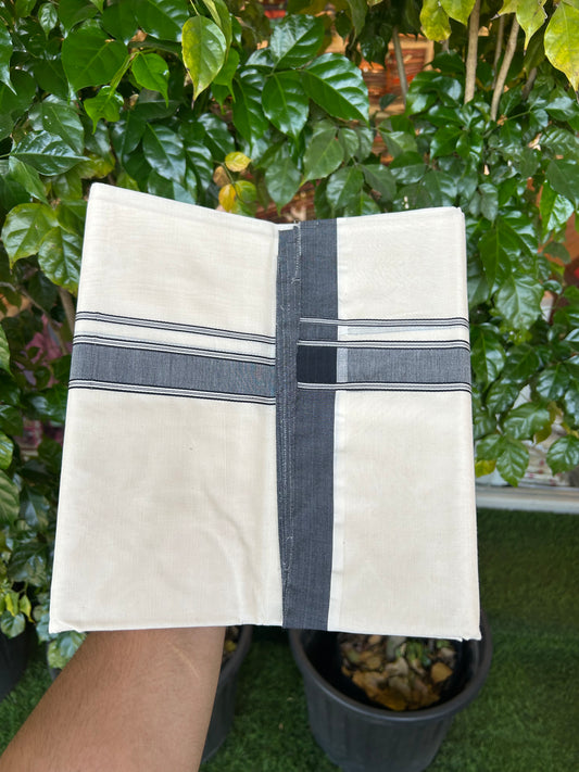 20% Discount !! KaithariKada Balaramapuram 100% Cotton Double Off White - (Unbleached) Mundu/Dhoti-100X100 - 1.25 inch Black Striped Kara (4.50 meter / 9.64 muzham) - 5 KK5338 ASH