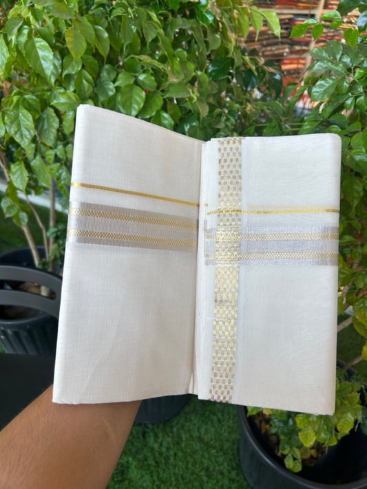 25% DISCOUNT ! KaithariKada HANDLOOM Unakkupaav Balaramapuram - 100% PURE Cotton Off White - (Unbleached) Double Mundu/Dhoti - 100x100 - 1.25 inch Silver & Gold Kasavu Designer Kara - 3KK5176ABH