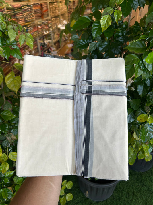 20% Discount !! KaithariKada Balaramapuram 100% Cotton Double Off White - (Unbleached) Mundu/Dhoti-100X100 - 1.25 inch Silver Kasav Black & Ash Blue Striped Kara (4.75 meter / 10.18 muzham) - 6 KK5338 ASH