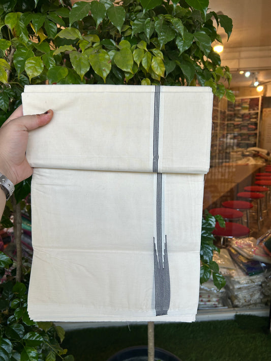 20% Discount !! KaithariKada Balaramapuram 100% Cotton Double Off White - (Unbleached) Mundu/Dhoti-100X100 - 0.75 inch Puliyilakkara Black Striped Chutty Kara (4.50 meter / 9.64 muzham) - 2 KK5338 ASH
