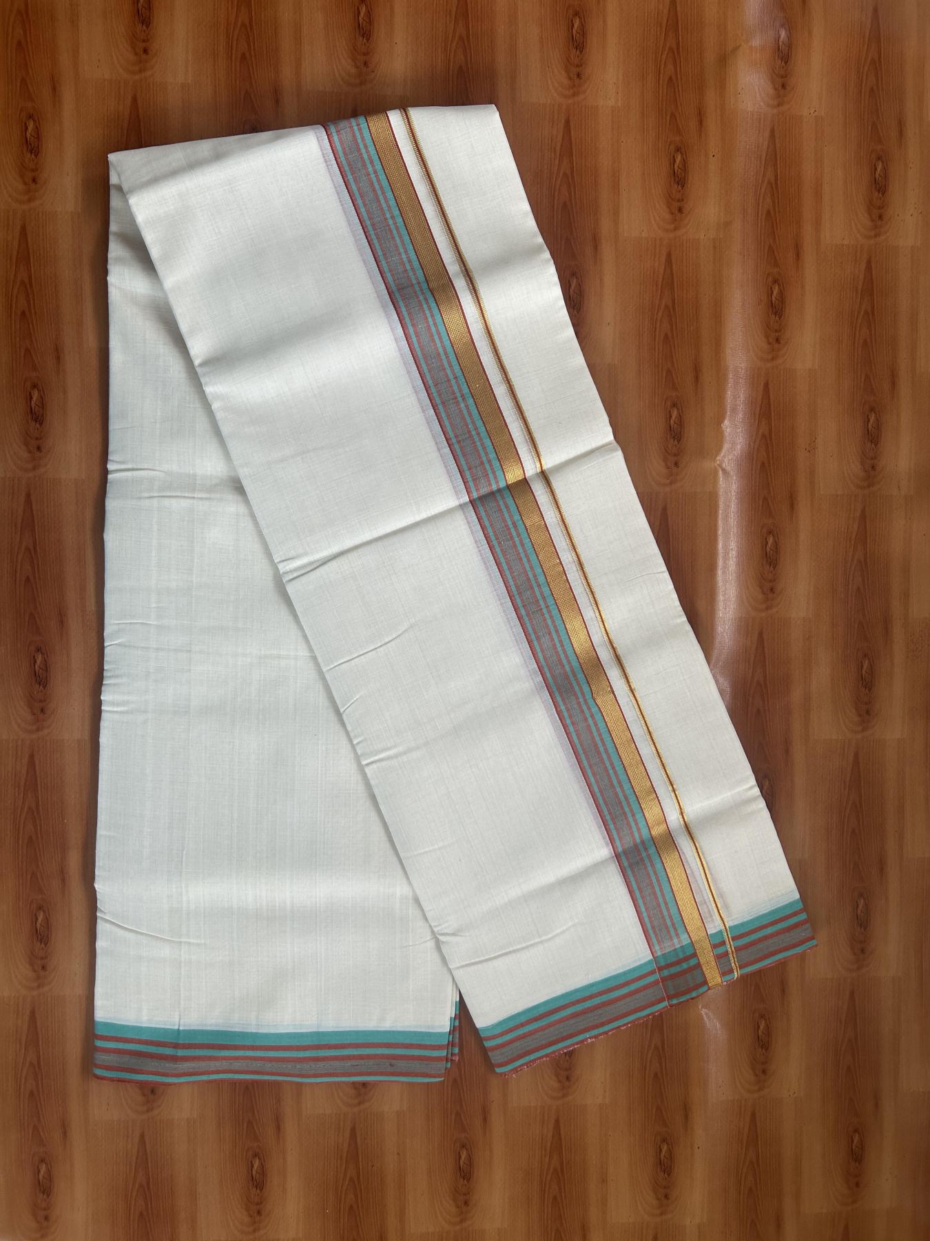 25% Discount ! KaithariKada Handloom Unakkupaav - Kerala Handloom - 100% Pure Cotton Off White (Unbleached) Double Mundu/Dhoti - 100x80 - 1.75 inch Gold Kasav & Turqouise green & Brick Red stripes design Kara 4 mtr (8.5 Muzham) - 85 KK5380 SOM