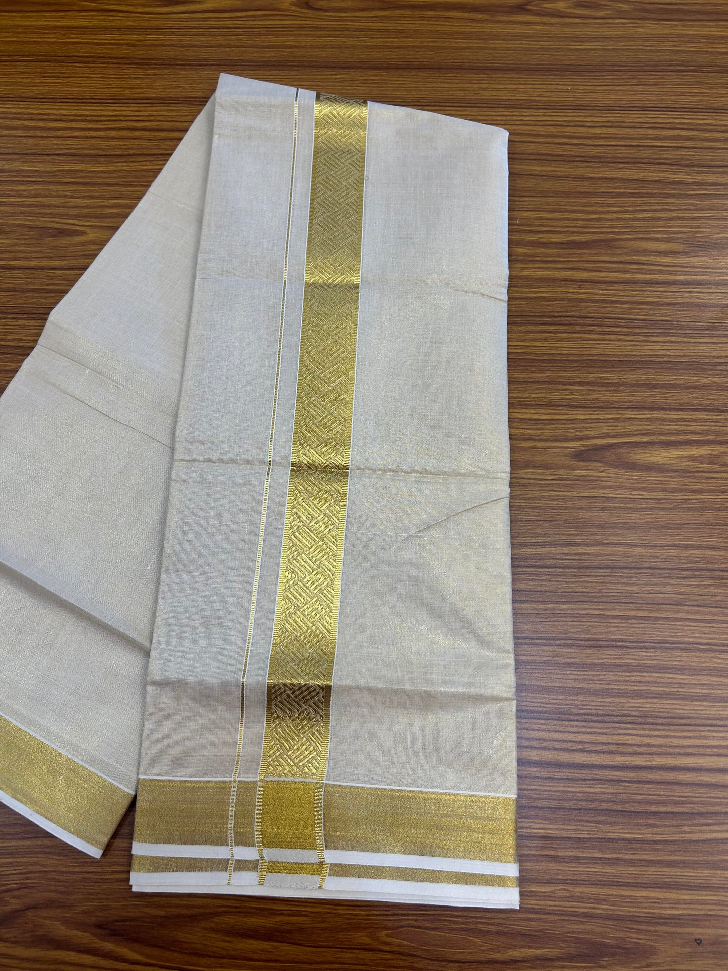 20% Discount! Kaitharikada Balaramapuram Mixed Cotton - Gold Kasav Tissue Material Double Dhoti/Mund - (60s) - 1.75 inch Gold Kasav Design kara 4 mtr (8.5 muzham) - 30 KK5362 GAN