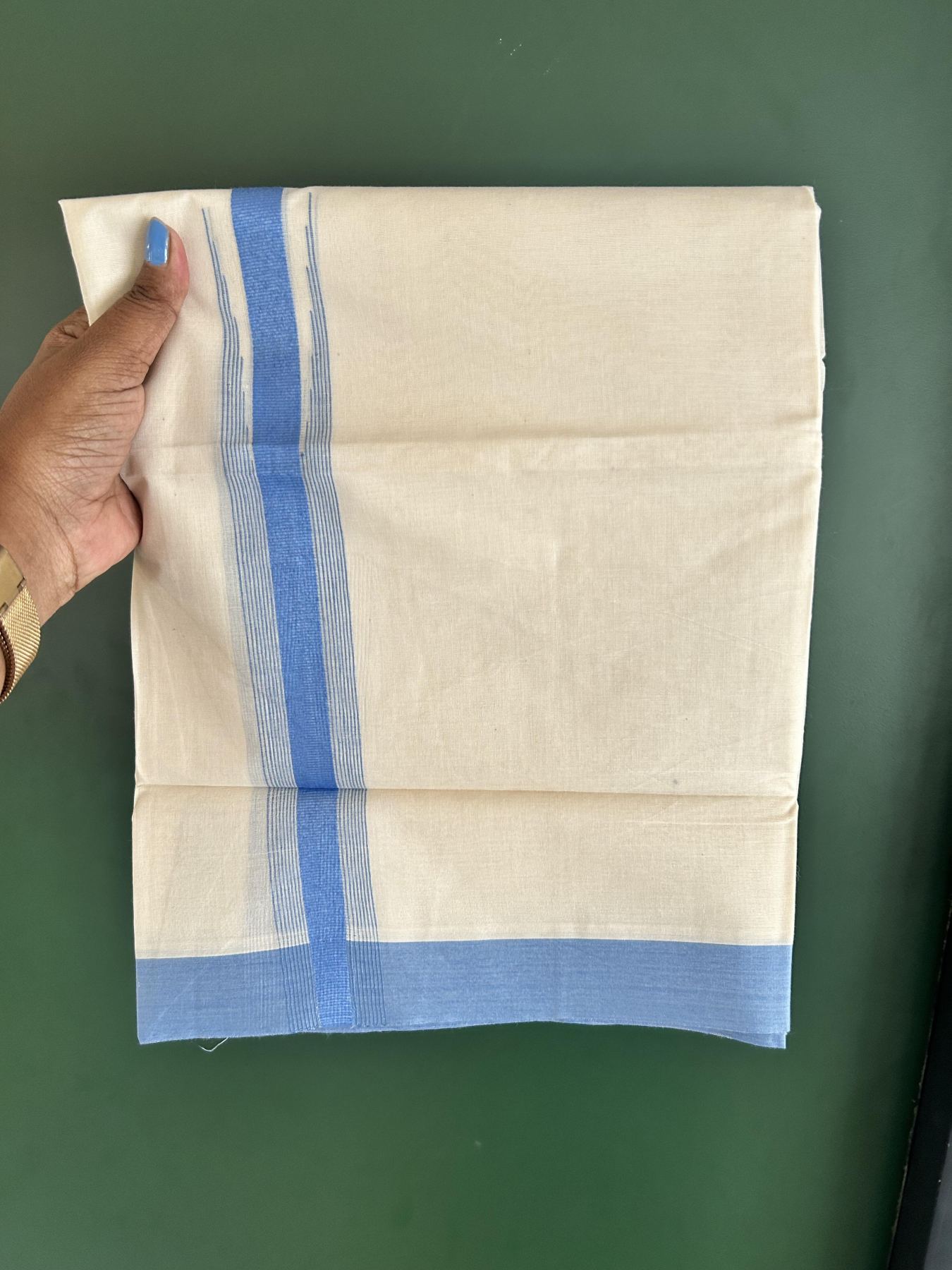 Off white Double (Unbleached) Mundu/Dhoti - 20% Discount! KaithariKada Balaramapuram 100% Cotton - (100x80)s - 1.5 inch Puliyilakkara Blue Chutty Kara 4 mtr (8.5 Muzham) - 18 KK5451 THI
