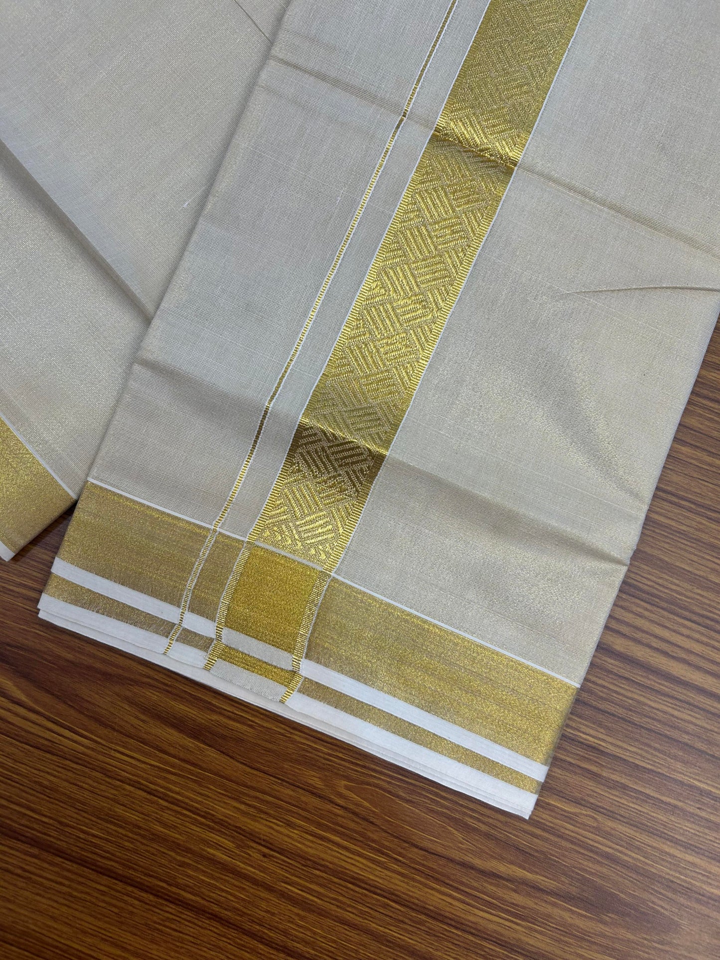 20% Discount! Kaitharikada Balaramapuram Mixed Cotton - Gold Kasav Tissue Material Double Dhoti/Mund - (60s) - 1.75 inch Gold Kasav Design kara 4 mtr (8.5 muzham) - 30 KK5362 GAN