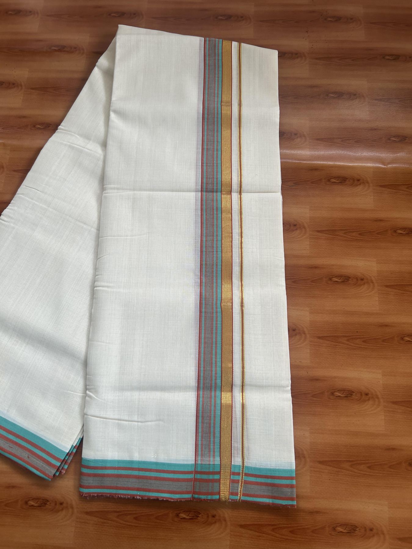 25% Discount ! KaithariKada Handloom Unakkupaav - Kerala Handloom - 100% Pure Cotton Off White (Unbleached) Double Mundu/Dhoti - 100x80 - 1.75 inch Gold Kasav & Turqouise green & Brick Red stripes design Kara 4 mtr (8.5 Muzham) - 85 KK5380 SOM