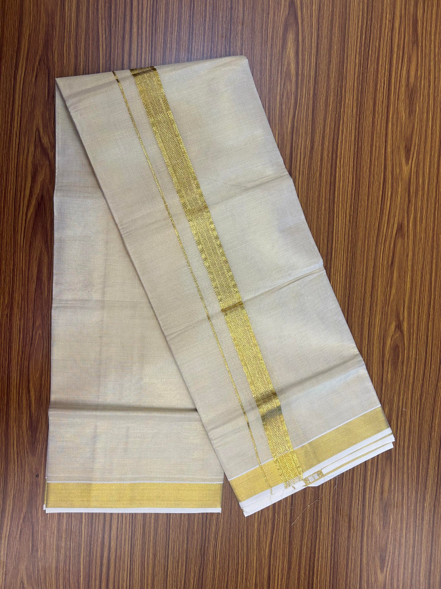 20% Discount! Kaitharikada Balaramapuram Mixed Cotton - Gold Kasav Tissue Material Double Dhoti/Mund - (60s) - 1.25 inch Gold Kasav Design kara 4 mtr (8.5 muzham) - 31 KK5362 GAN