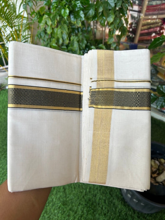 25% DISCOUNT ! KaithariKada HANDLOOM Unakkupaav Balaramapuram - 100% PURE Cotton Off White - (Unbleached) Double Mundu/Dhoti - 100x100 - 1.5 inch Gold Kasavu Black Jacquard Designer Kara - 7KK5176ABH