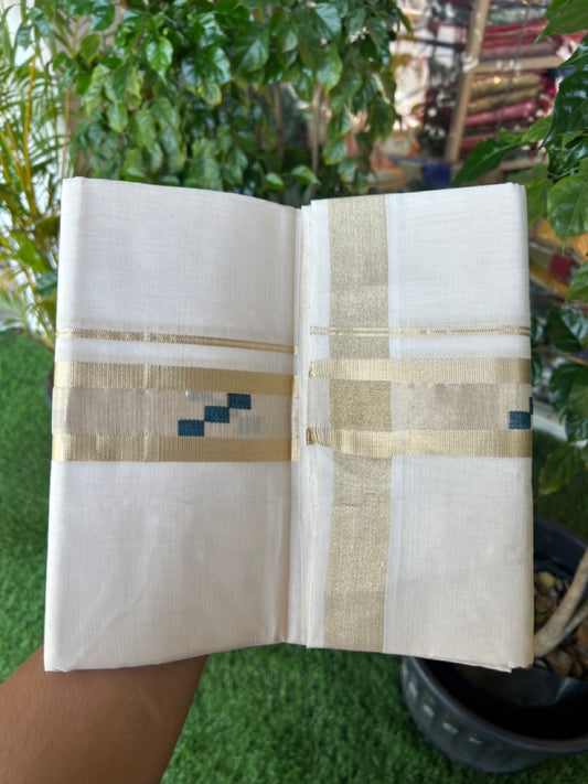 25% DISCOUNT ! KaithariKada HANDLOOM Unakkupaav Balaramapuram - 100% PURE Cotton Off White - (Unbleached) Double Mundu/Dhoti - 100x100 - 2 inch Gold Kasavu Center tissue & Green Designer Kara - 9KK5176ABH