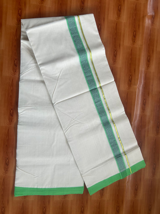 25% Discount ! KaithariKada Handloom Unakkupaav - Kerala Handloom - 100% Pure Cotton Off White (Unbleached) Double Mundu/Dhoti - 100x80 - 1.25 inch Gold Kasav & Light Green & Navy Blue Design Kara 4 mtr (8.5 Muzham) - 60 KK5380 SOM
