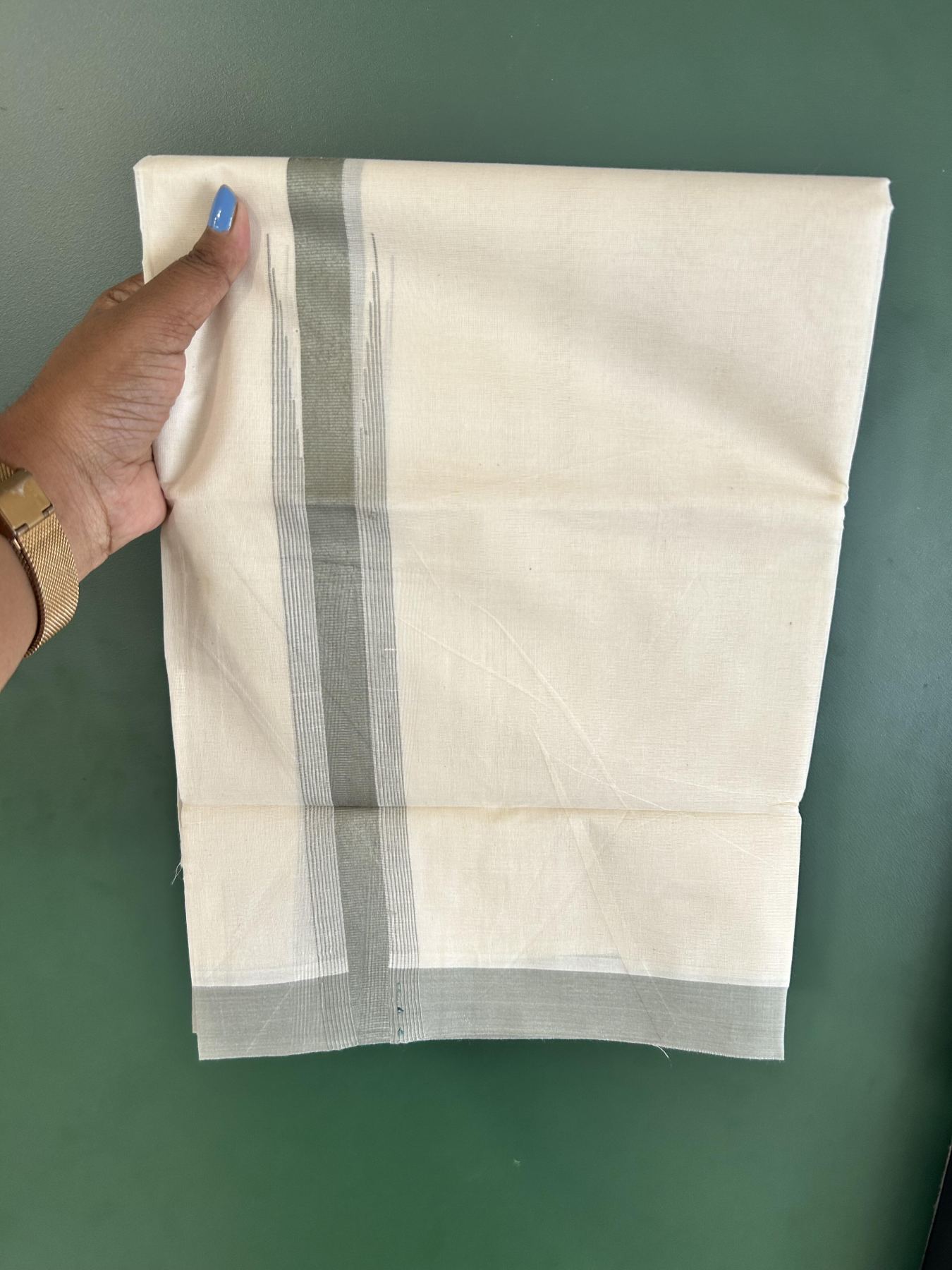 Off white Double (Unbleached) Mundu/Dhoti - 20% Discount! KaithariKada Balaramapuram 100% - (100x80)s - 1.5 inch Puliyilakkara Sage Grey Chutty Kara 4 mtr (8.5 Muzham) - 17 KK5451 THI