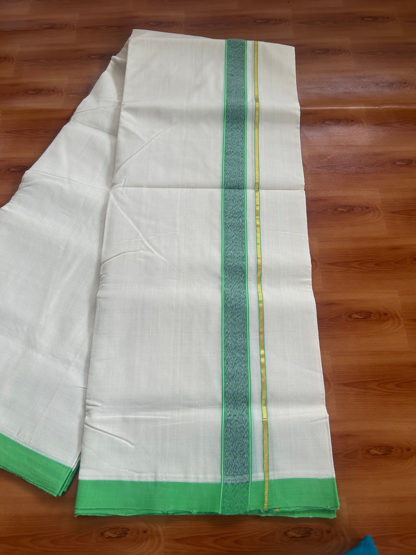25% Discount ! KaithariKada Handloom Unakkupaav - Kerala Handloom - 100% Pure Cotton Off White (Unbleached) Double Mundu/Dhoti - 100x80 - 1.25 inch Gold Kasav & Light Green & Navy Blue Design Kara 4 mtr (8.5 Muzham) - 60 KK5380 SOM