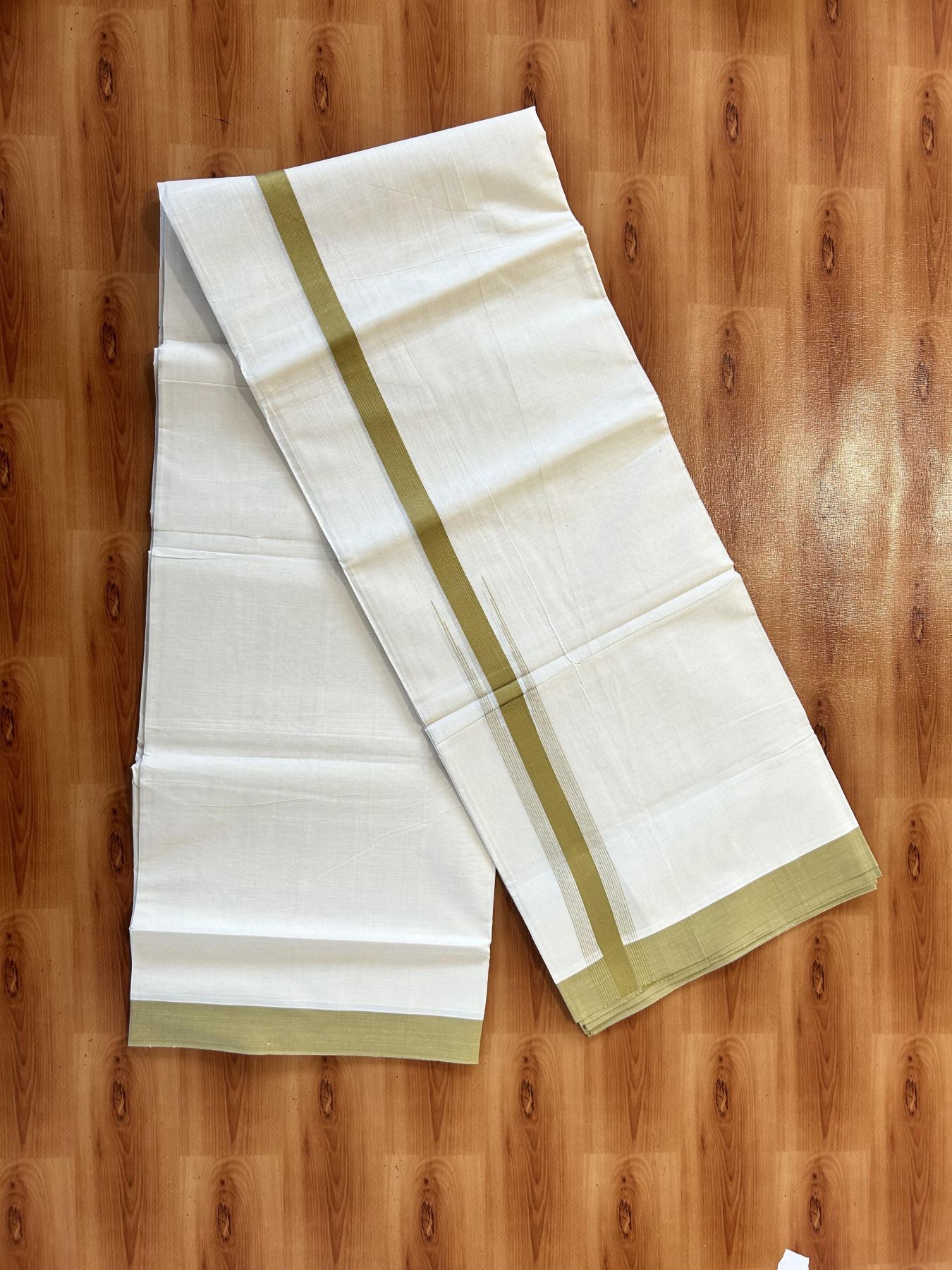 Off white Double (Unbleached) Mundu/Dhoti - 20% Discount! KaithariKada Balaramapuram 100% Cotton - (100x80)s - 1.5 inch Puliyilakkara Mustard Green Chutty Kara 4 mtr (8.5 Muzham) - 16 KK5451 THI