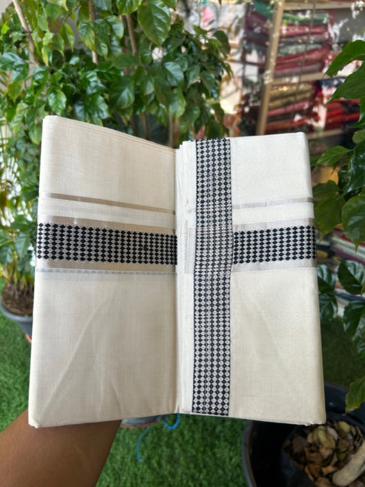 25% DISCOUNT ! KaithariKada HANDLOOM Unakkupaav Balaramapuram - 100% PURE Cotton Off White - (Unbleached) Double Mundu/Dhoti - 100x100 - 1.75 inch Silver Kasavu Black Jacquard Designer Kara - 6KK5176ABH