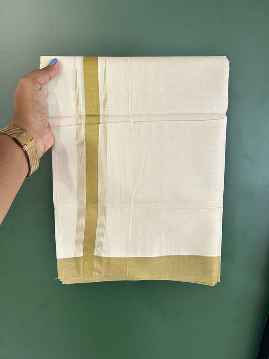 Off white Double (Unbleached) Mundu/Dhoti - 20% Discount! KaithariKada Balaramapuram 100% Cotton - (100x80)s - 1.5 inch Puliyilakkara Mustard Green Chutty Kara 4 mtr (8.5 Muzham) - 16 KK5451 THI