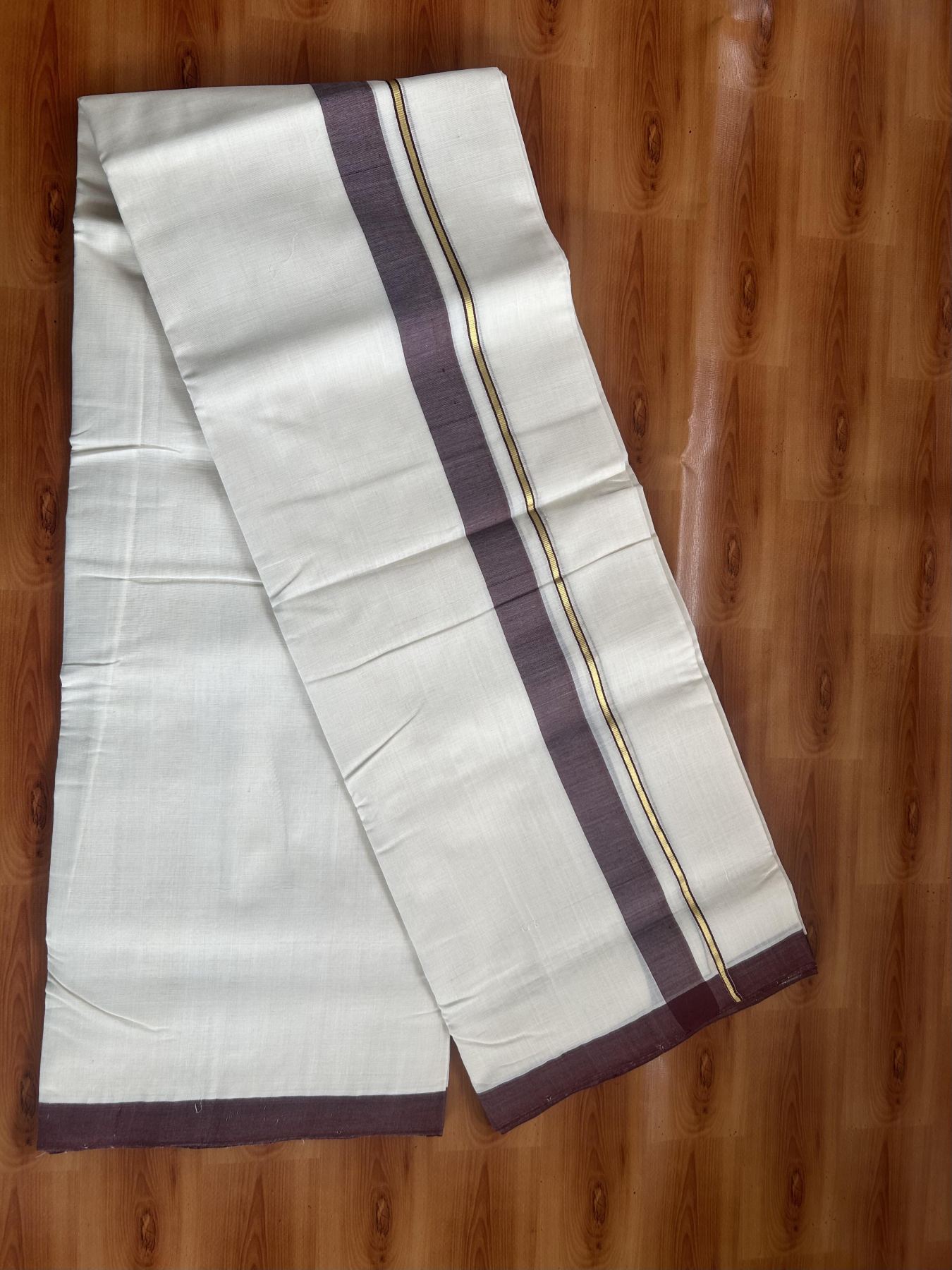25% Discount ! KaithariKada Handloom Unakkupaav Kerala Handloom - 100% Pure Cotton Off White (Unbleached) Double Mundu/Dhoti - 100x80 - 1.25 inch Gold Kasav & Dark Brown Shaded Kara 3.80 mtr (8 Muzham) - 66 KK5380 SOM