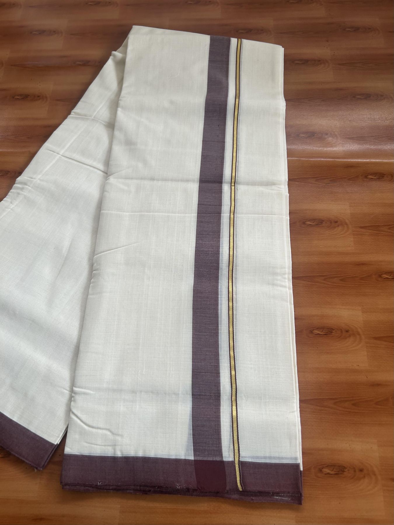 25% Discount ! KaithariKada Handloom Unakkupaav Kerala Handloom - 100% Pure Cotton Off White (Unbleached) Double Mundu/Dhoti - 100x80 - 1.25 inch Gold Kasav & Dark Brown Shaded Kara 3.80 mtr (8 Muzham) - 66 KK5380 SOM