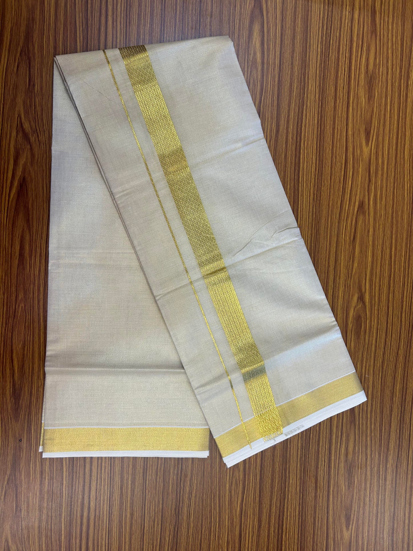 20% Discount! Kaitharikada Balaramapuram Mixed Cotton - Gold Kasav Tissue Material Double Dhoti/Mund - (60s) - 1.5 inch Gold Kasav Design kara 4 mtr (8.5 muzham) - 33 KK5362 GAN