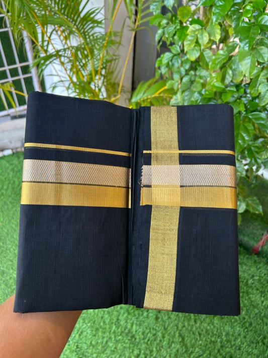 25% Discount! KaithariKada Handloom UNAKKUPAAV Balaramapuram - 100% Cotton Double Mundu/Dhoti - Black Colour Body - 2 inch Gold Kasavu & Silver Kasavu Design - 16KK5176ABH