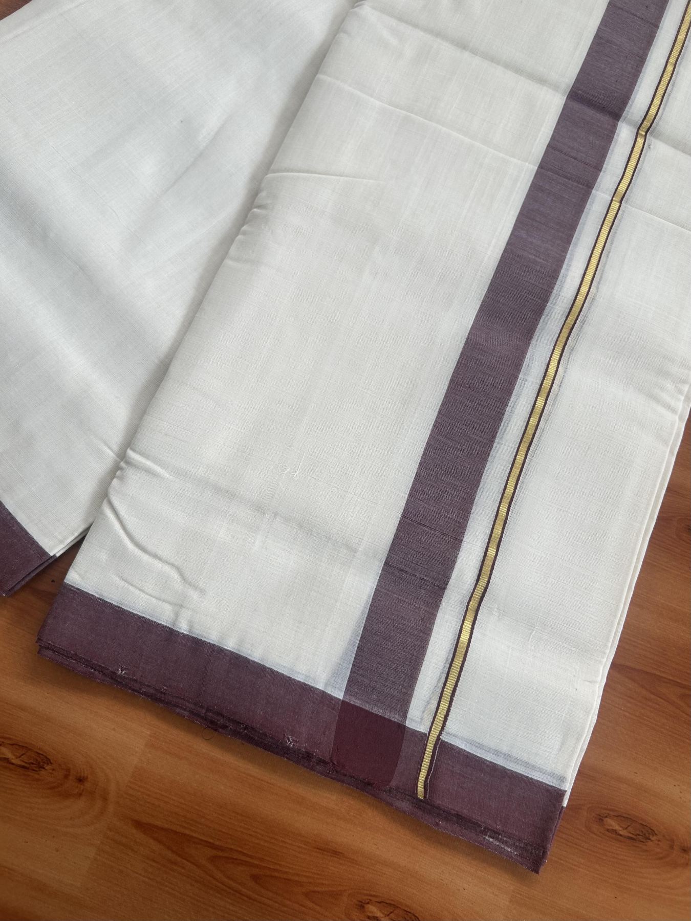 25% Discount ! KaithariKada Handloom Unakkupaav Kerala Handloom - 100% Pure Cotton Off White (Unbleached) Double Mundu/Dhoti - 100x80 - 1.25 inch Gold Kasav & Dark Brown Shaded Kara 3.80 mtr (8 Muzham) - 66 KK5380 SOM