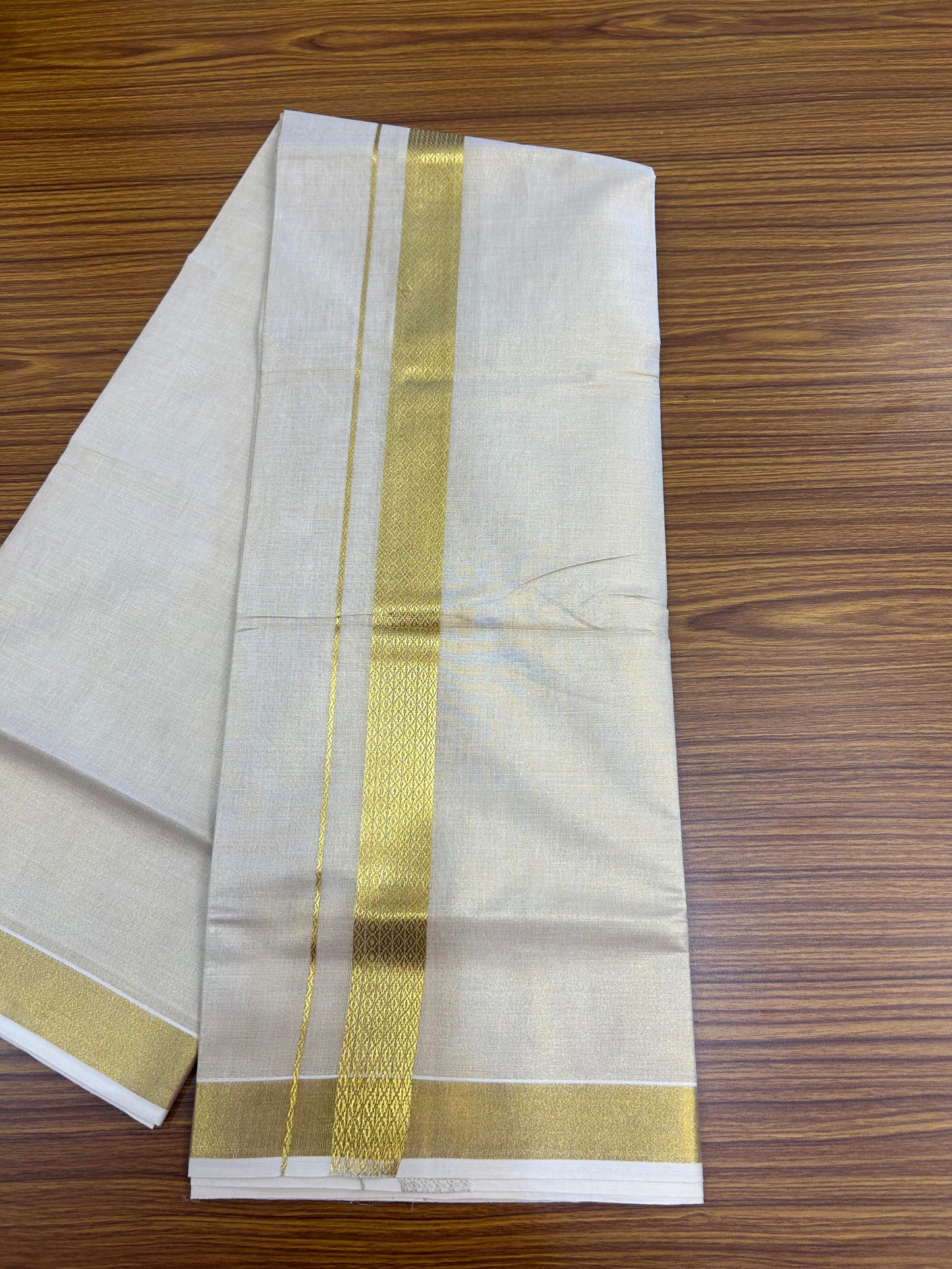 20% Discount! Kaitharikada Balaramapuram Mixed Cotton - Gold Kasav Tissue Material Double Dhoti/Mund - (60s) - 1.5 inch Gold Kasav Design kara 4 mtr (8.5 muzham) - 33 KK5362 GAN