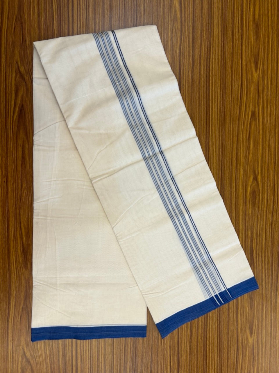 20% Discount KaithariKada Balaramapuram 100% Cotton Double Off white - (Unbleached) - Mundu/Dhoti - 100x100 - 1.25 inch Silver Kasav & Dark Blue Shaded Striped Kara - 1 KK5303 ASH