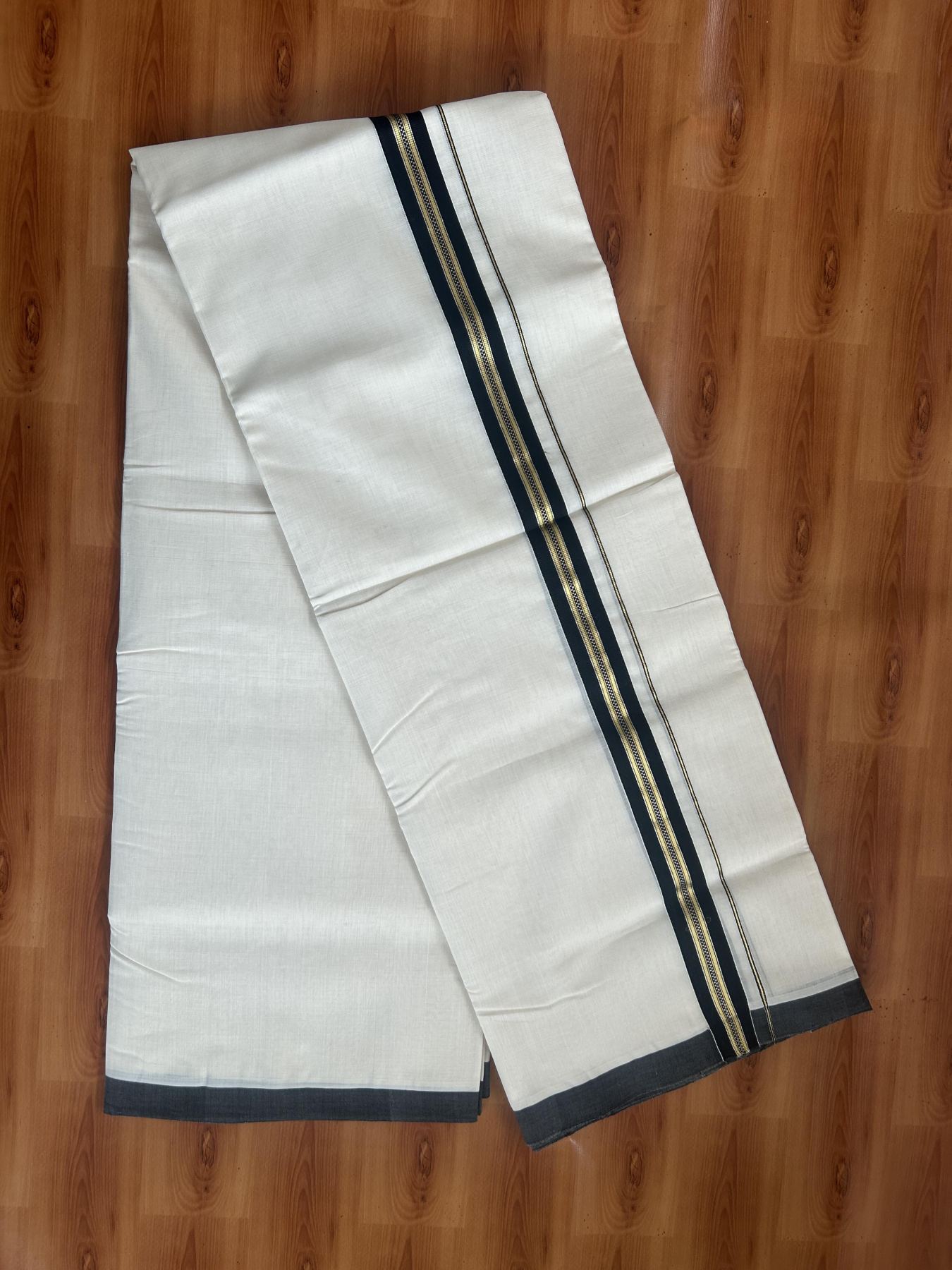 25% Discount ! KaithariKada Handloom Unakkupaav - Kerala Handloom - 100% Pure Cotton Off White (Unbleached) Double Mundu/Dhoti - 100x80 - 1.25 inch Silver Kasav & Gold Kasav & Black Muthukuri stripes design Kara 4 mtr (8.5 Muzham) - 61 KK5380 SOM
