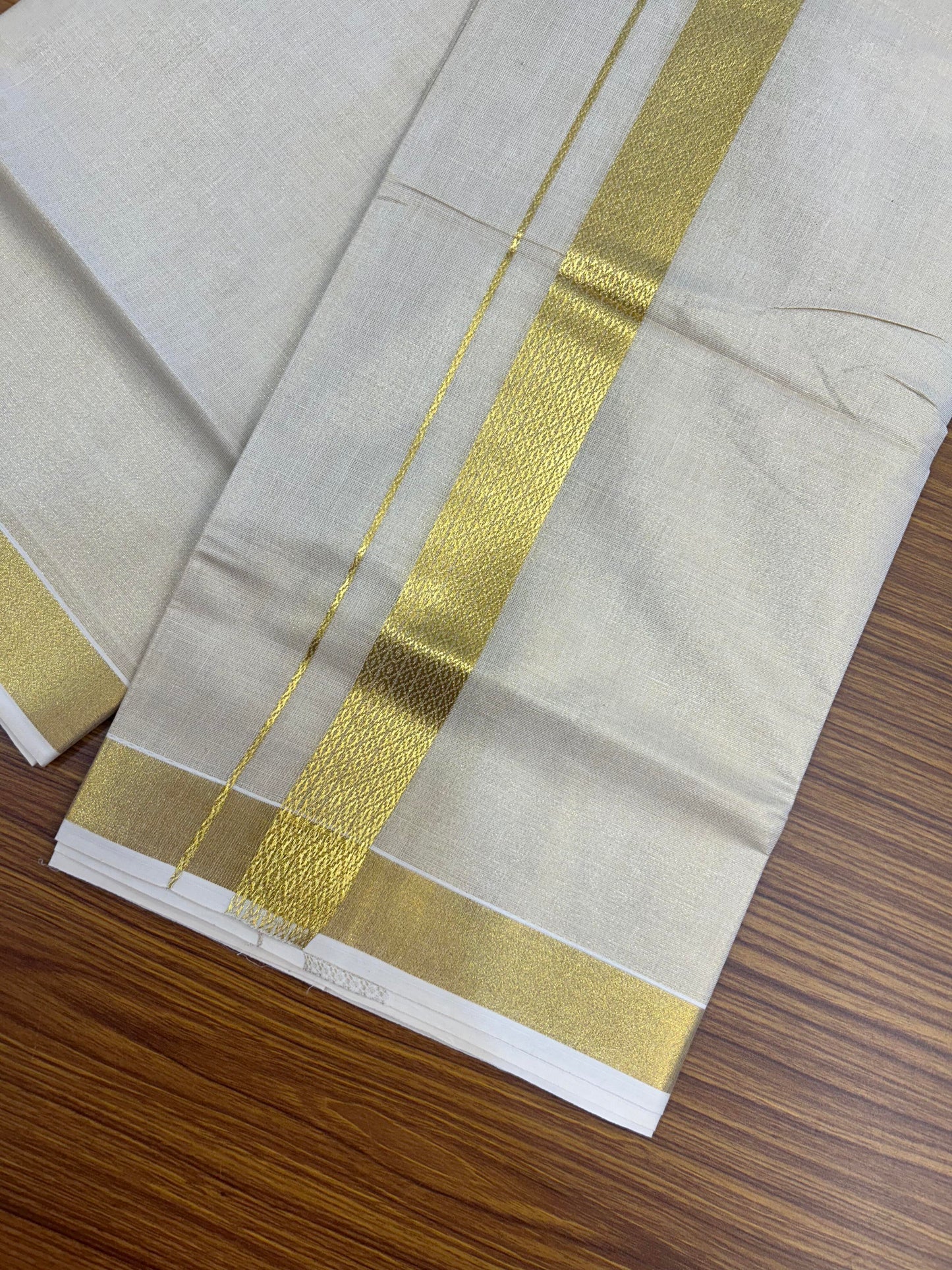 20% Discount! Kaitharikada Balaramapuram Mixed Cotton - Gold Kasav Tissue Material Double Dhoti/Mund - (60s) - 1.5 inch Gold Kasav Design kara 4 mtr (8.5 muzham) - 33 KK5362 GAN