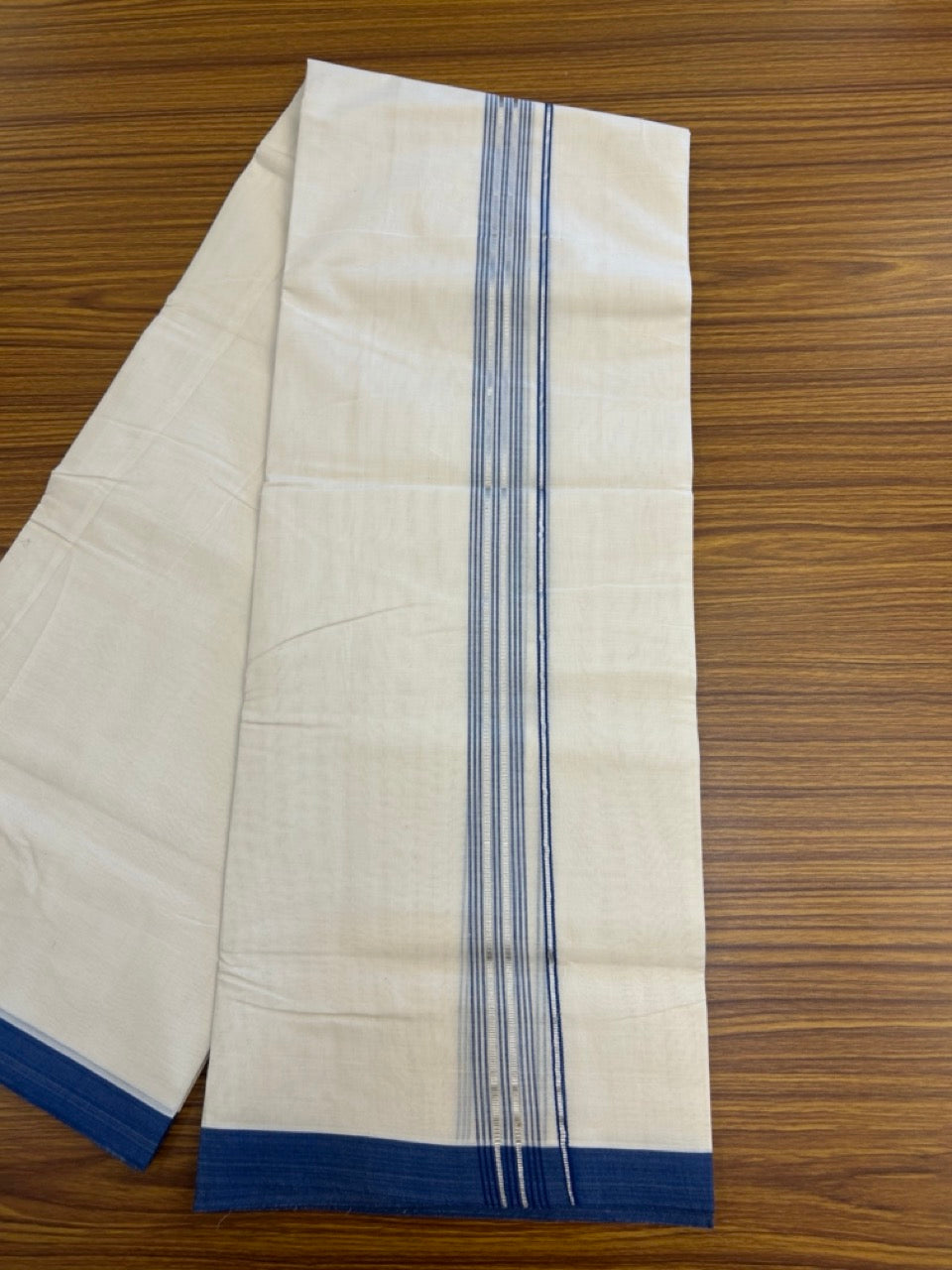 20% Discount KaithariKada Balaramapuram 100% Cotton Double Off white - (Unbleached) - Mundu/Dhoti - 100x100 - 1.25 inch Silver Kasav & Dark Blue Shaded Striped Kara - 1 KK5303 ASH