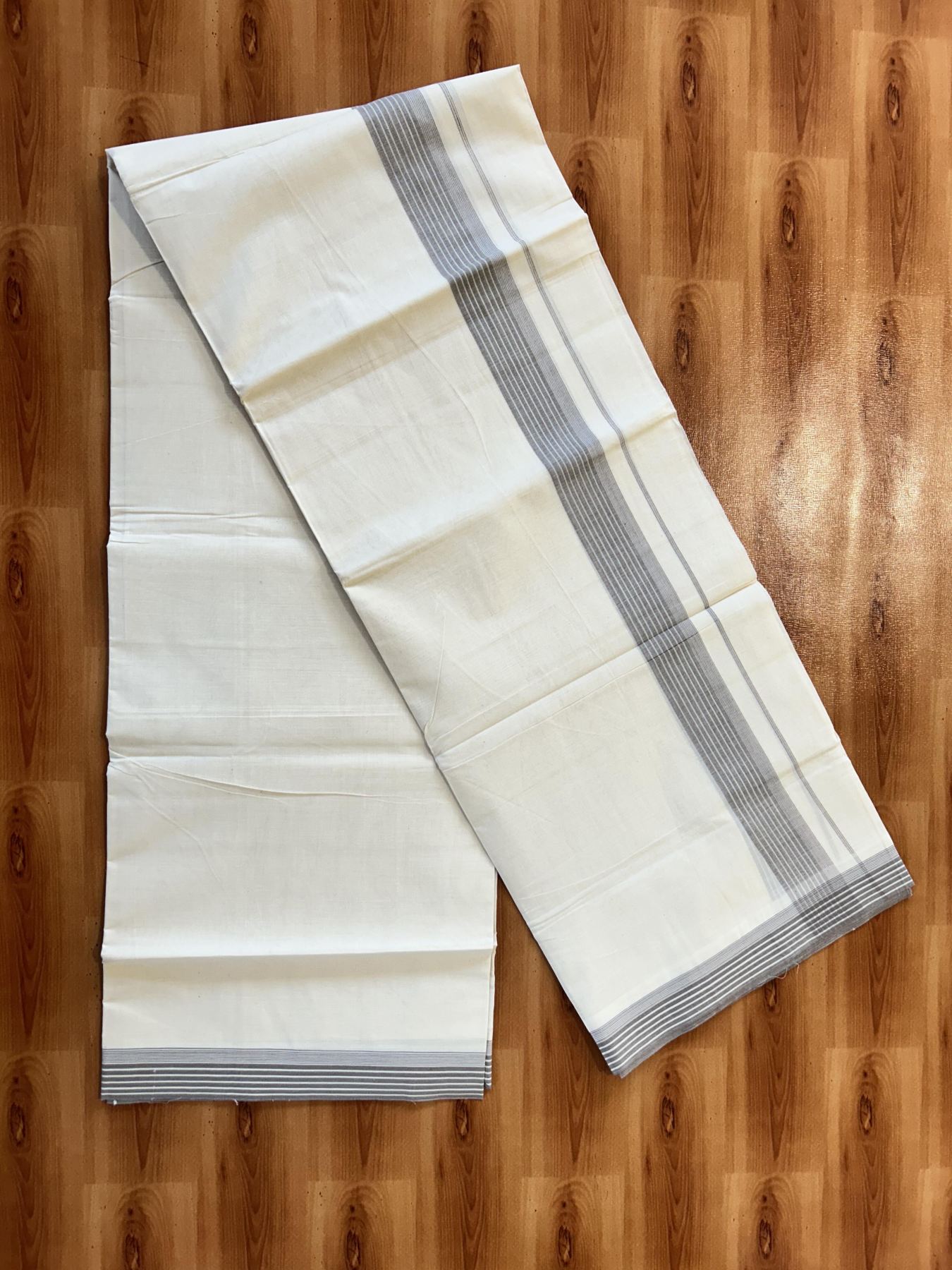 Double Off White (Unbleached) Mundu/Dhoti - 20% Discount! KaithariKada 100% Cotton - 100X80 - 1.5 inch Ash Grey Stripes Kara 4 mtr (8.5 Muzham) - 30 KK5451 THI