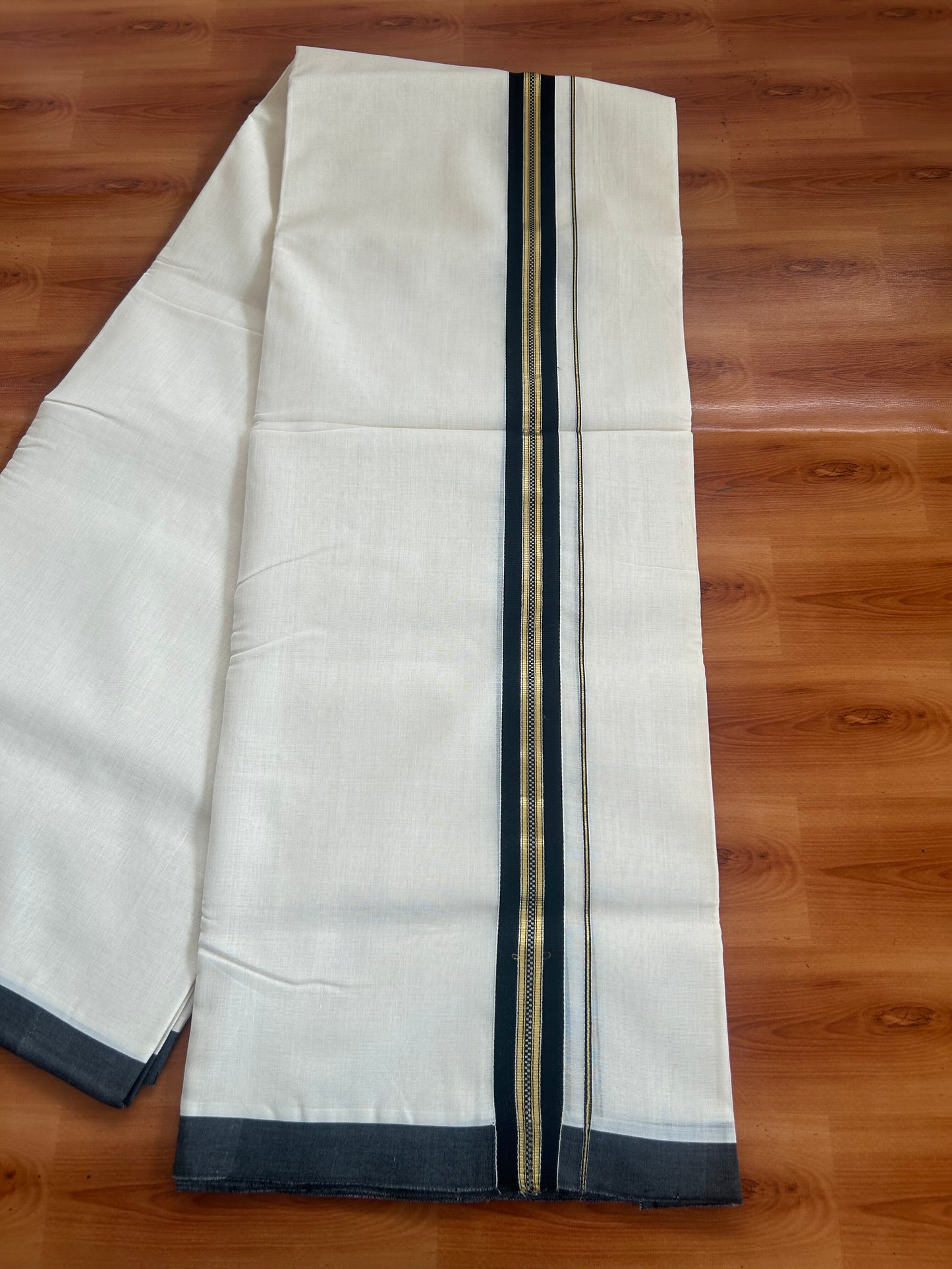 25% Discount ! KaithariKada Handloom Unakkupaav - Kerala Handloom - 100% Pure Cotton Off White (Unbleached) Double Mundu/Dhoti - 100x80 - 1.25 inch Silver Kasav & Gold Kasav & Black Muthukuri stripes design Kara 4 mtr (8.5 Muzham) - 61 KK5380 SOM