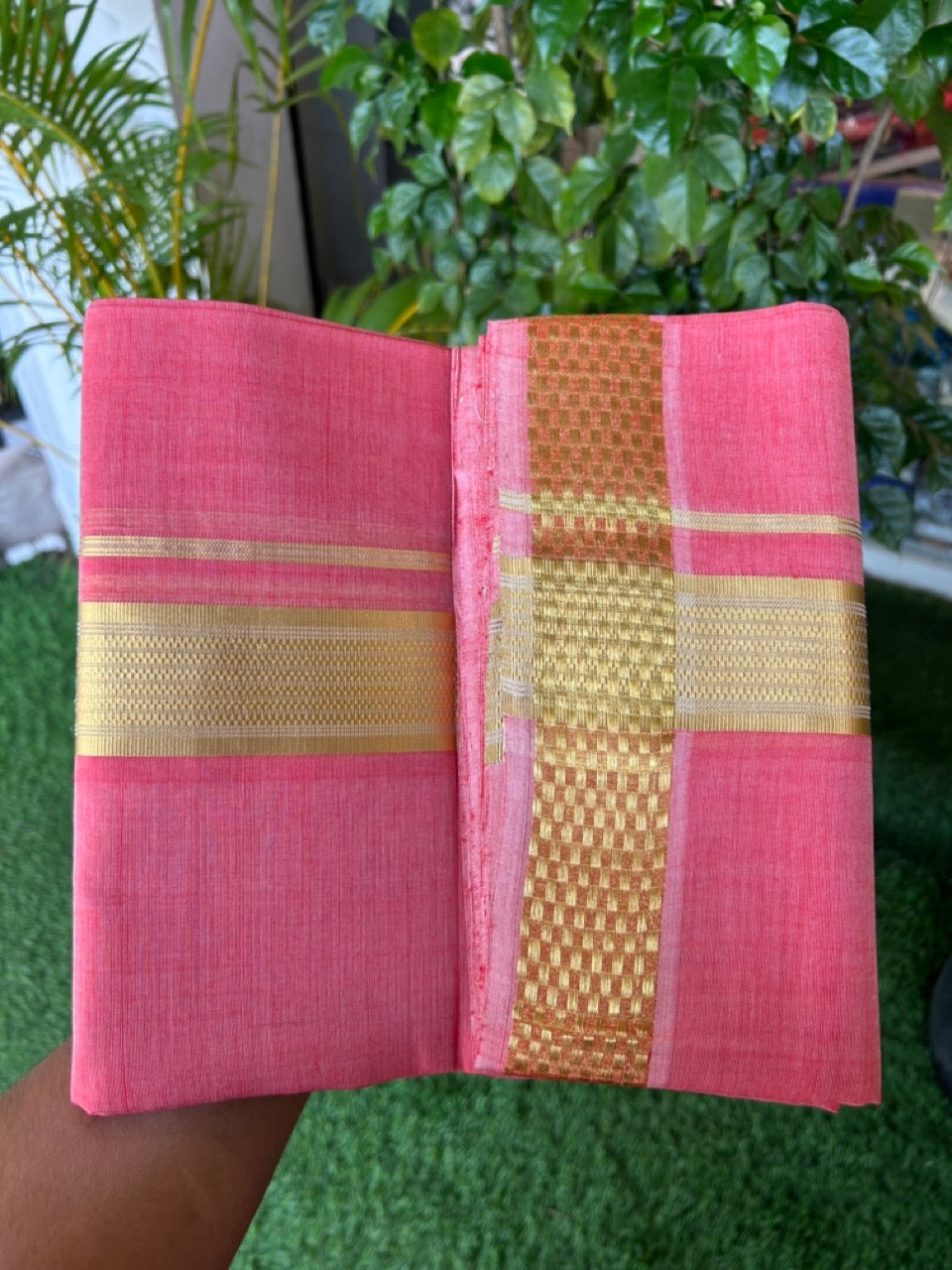 25% Discount! KaithariKada Handloom UNAKKUPAAV Balaramapuram - 100% Cotton Double Mundu/Dhoti - Red Pink Colour Body - 1.75 inch Gold Kasavu Stripes Design - 21KK5176ABH