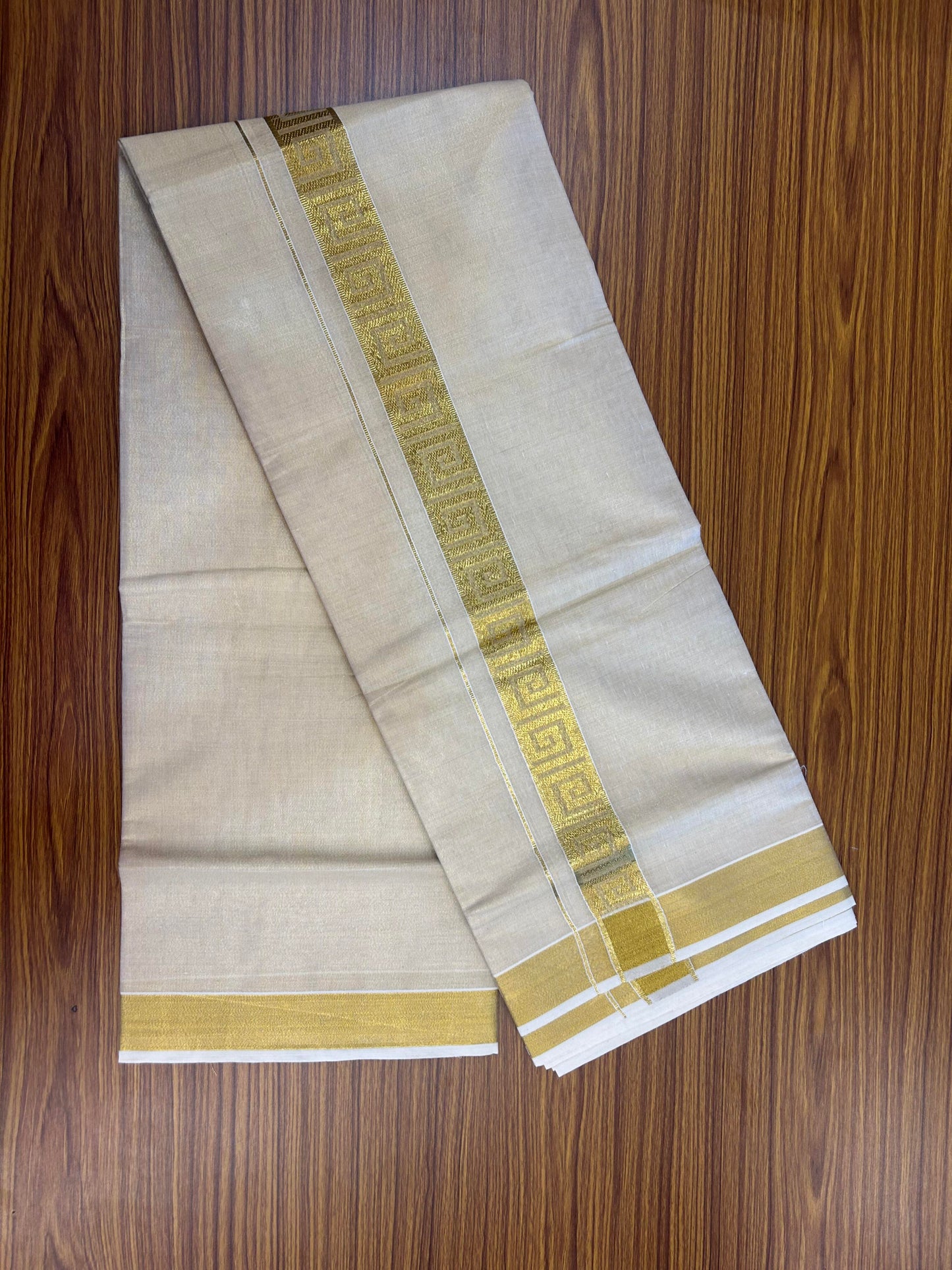20% Discount! Kaitharikada Balaramapuram Mixed Cotton - Gold Kasav Tissue Material Double Dhoti/Mund - (60s) - 1.75 inch Gold Kasav Design kara 4 mtr (8.5 muzham) - 34 KK5362 GAN