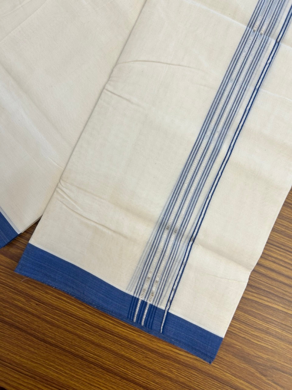 20% Discount KaithariKada Balaramapuram 100% Cotton Double Off white - (Unbleached) - Mundu/Dhoti - 100x100 - 1.25 inch Silver Kasav & Dark Blue Shaded Striped Kara - 1 KK5303 ASH