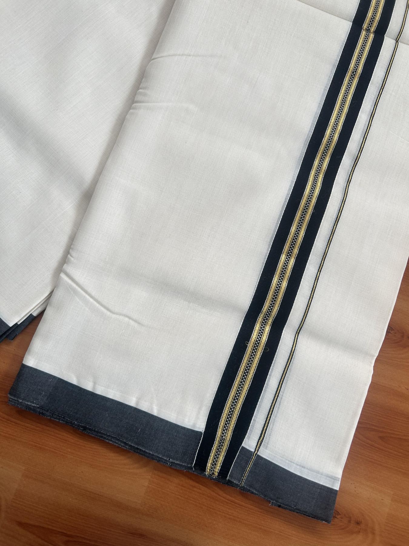 25% Discount ! KaithariKada Handloom Unakkupaav - Kerala Handloom - 100% Pure Cotton Off White (Unbleached) Double Mundu/Dhoti - 100x80 - 1.25 inch Silver Kasav & Gold Kasav & Black Muthukuri stripes design Kara 4 mtr (8.5 Muzham) - 61 KK5380 SOM
