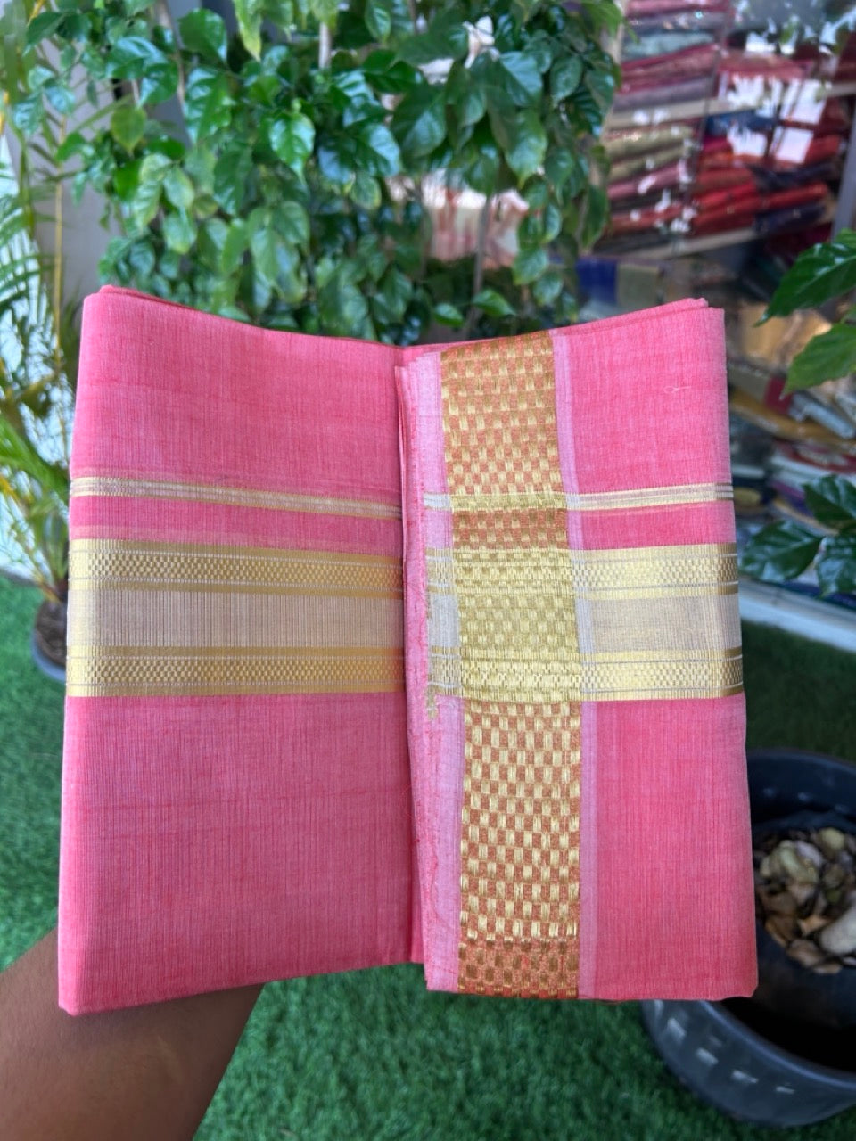 25% Discount! KaithariKada Handloom UNAKKUPAAV Balaramapuram - 100% Cotton Double Mundu/Dhoti - Red Pink Colour Body - 2 inch Gold Kasavu Stripes Design - 20KK5176ABH